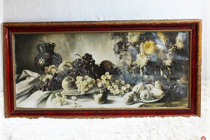 Stary podłużny Obraz sygnowany Owoce 82,5x41 w ozdobnej rami