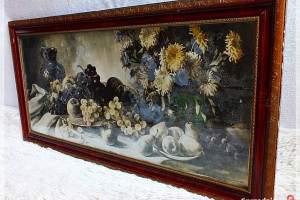 Stary podłużny Obraz sygnowany Owoce 82,5x41 w ozdobnej rami