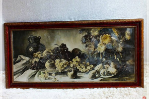 Stary podłużny Obraz sygnowany Owoce 82,5x41 w ozdobnej rami