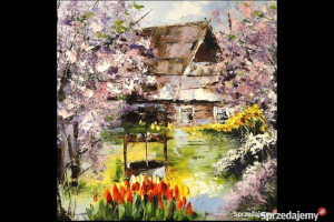 Kowalik - Wiosna - 30x30cm Obraz Olejny Pejzaż Domek Chatka Ogród