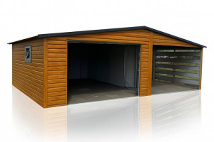 Garaż Blaszany dwuspadowy z wiatą 7x5 Złoty Dąb, brama uchylna PREMIUM