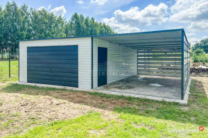 Garaż Blaszany 4x6m + Wiata 4m - Brama Uchylna - Drzwi - Biały TS699