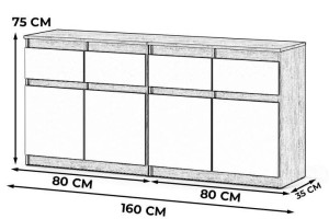 Komoda 160cm Glamour Duża Szafka Biała Wysoki Połysk 4 Szuflady Nowoczesna