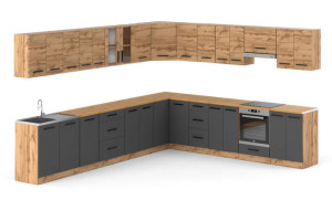 Kuchnia Duża Narożna Modułowa Z Blatem Pojemna 6.8m Wotan Dąb Wotan Szary