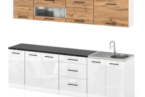 Meble Kuchenne Modułowe Kuchnia Robo Lux 2.6m Zestaw Dąb Wotan Biały Połysk