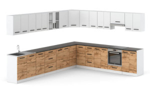 Meble Kuchenne Białe Z Drewnem Narożne Kuchnia Rossa 6.8m Szafki Dąb Wotan